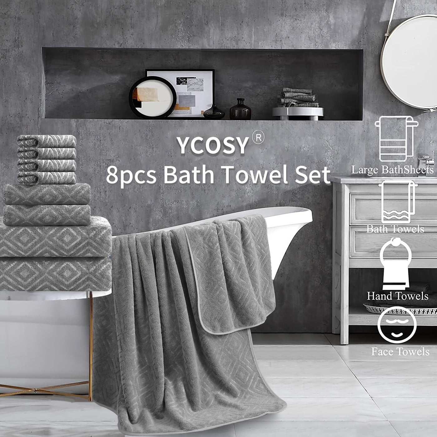 8pcs Extra Large Bath Towel, Ultra-Soft Fluffy Thick Bath Towel Set Highly Absorbent Quick Dry Towel 750GSM Includes 2 Oversized Bath Towels & 2 Hand Towels & 4 Washcloths Towels for Bathroom Hotels Gym, Valentine'S Day Gift, Wash Cloths